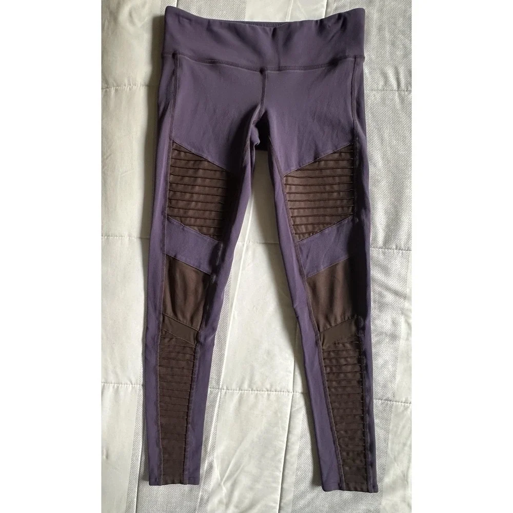 Alo‎ Yoga Moto Leggings Purple & Brown Mesh Ribbed Moto Detail Size Small